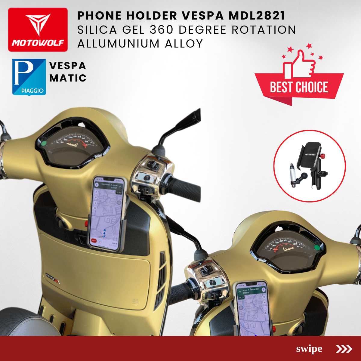 Motowolf Phone Holder Vespa Matic LX S Sprint Primavera GTS Almunium Alloy