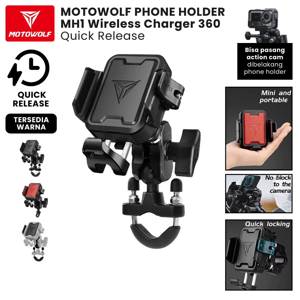 Motowolf Phone Holder Motor MH1 Wireless Charger 360 Quick Release