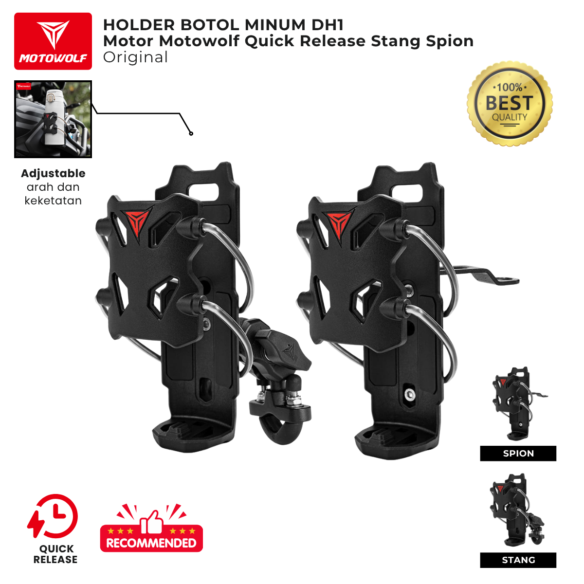 Holder Botol Minum DH1 Motor Motowolf Quick Release Stang Spion Original